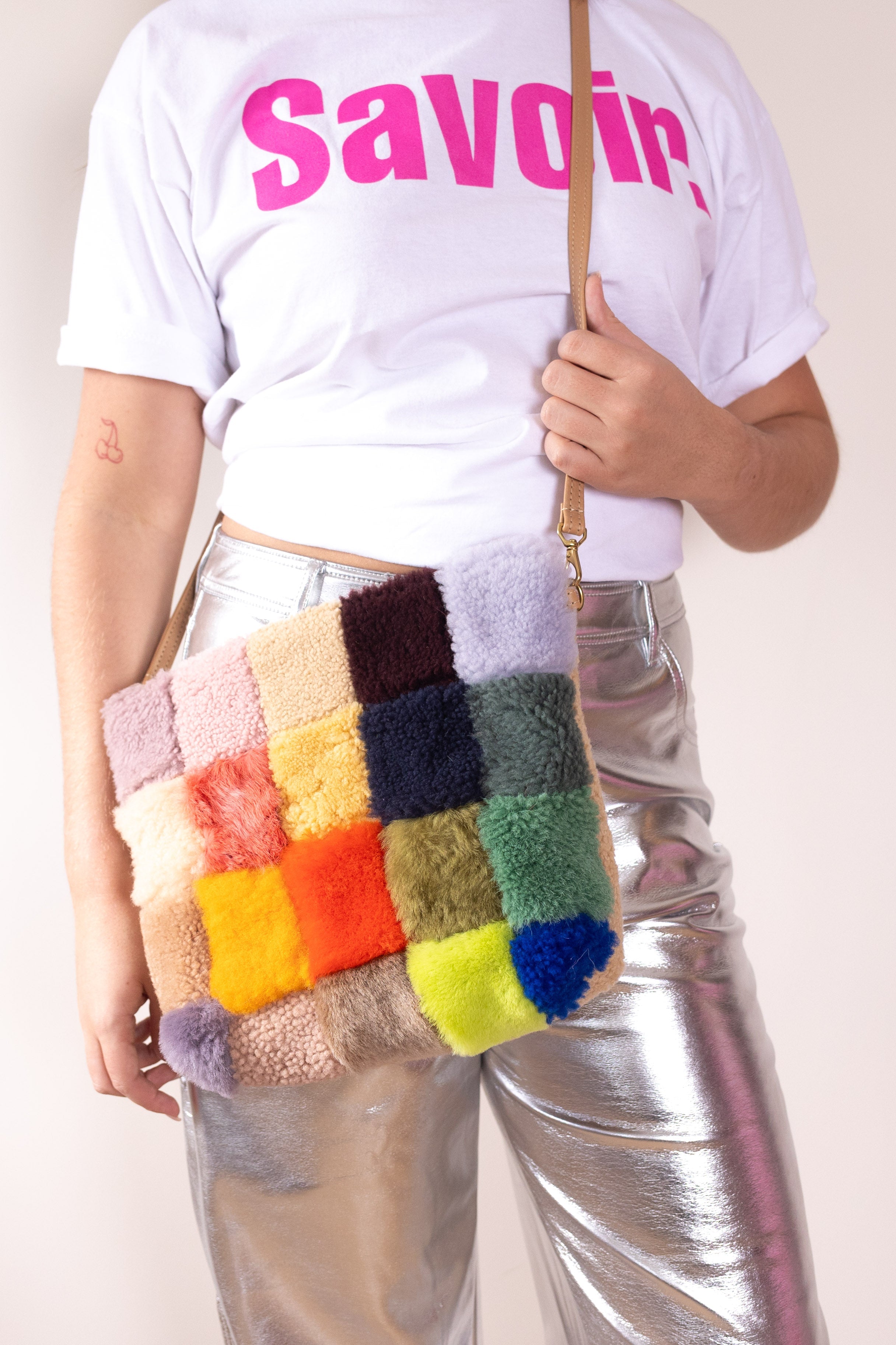 Shearling rainbow patchwork hobo bag