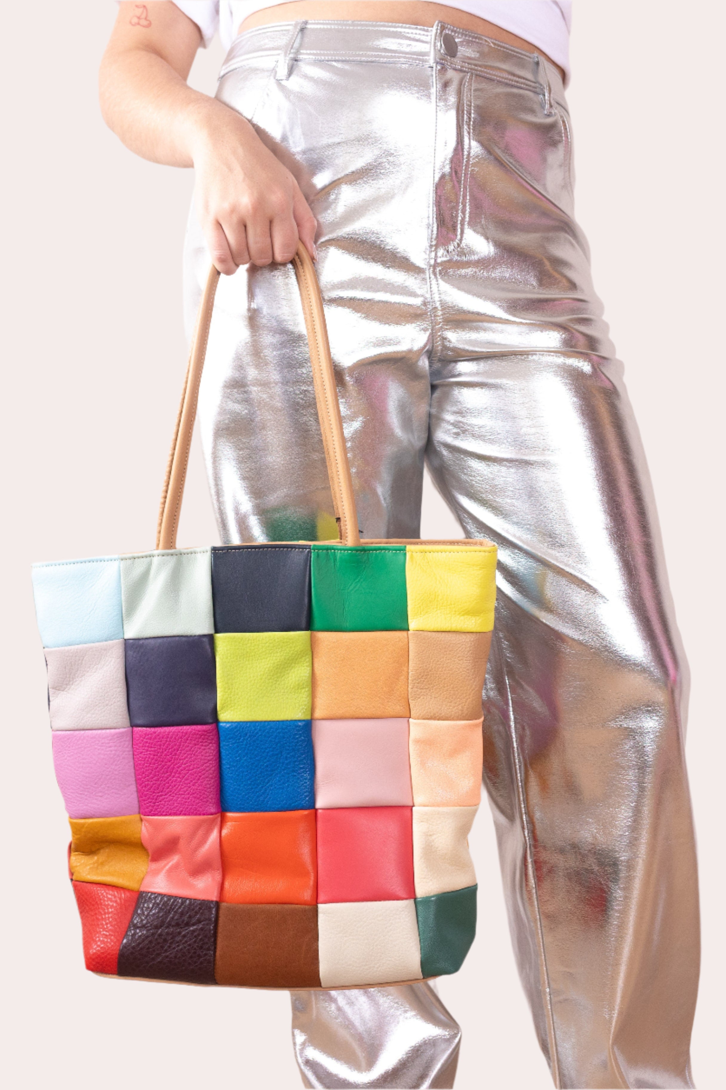Vintage leather rainbow patch tote bag