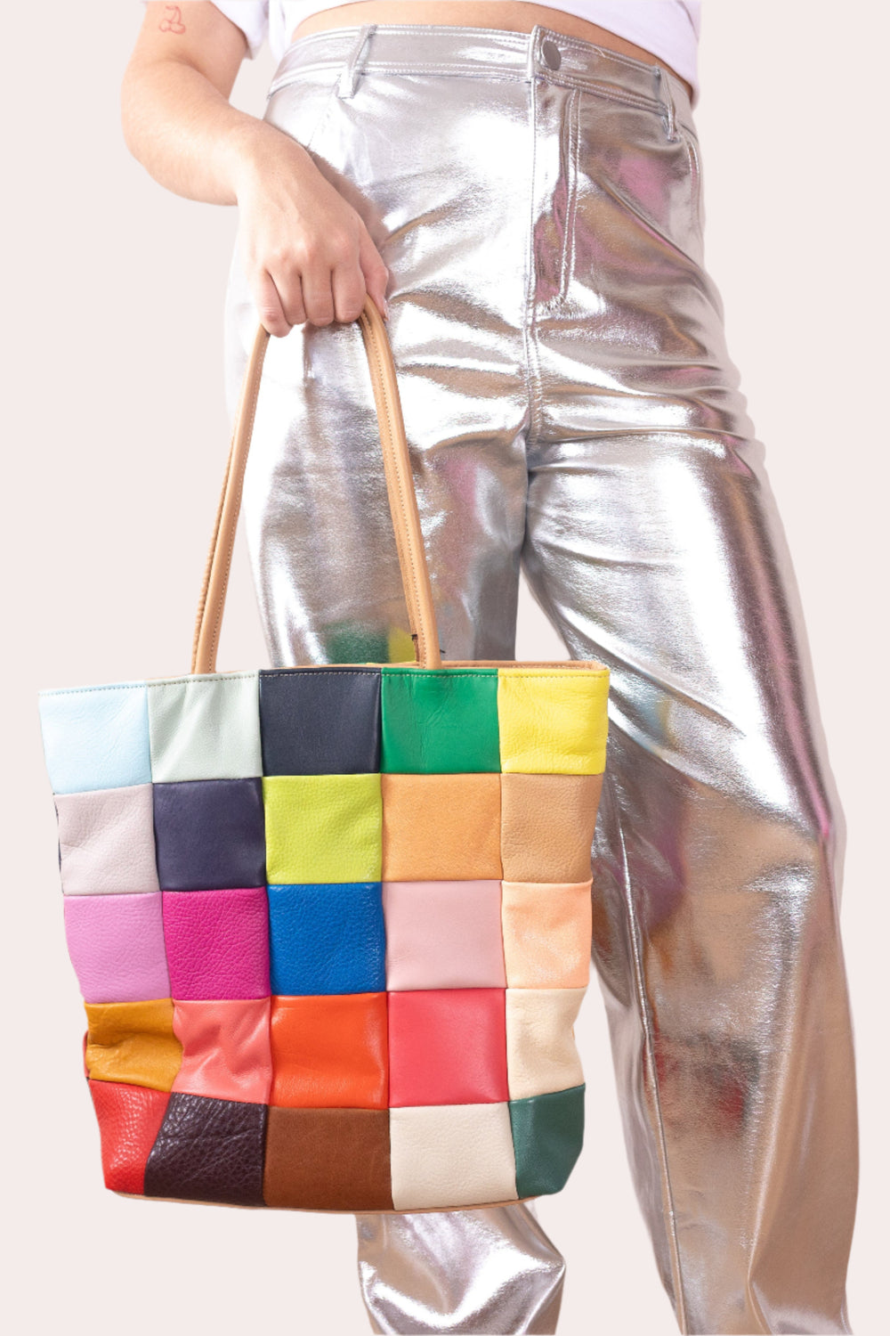 Vintage leather rainbow patch tote bag