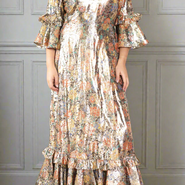 knee length dresses for ladies Alexandra Pijut Coupe Dress in Metallic Blue Brocade main image 1